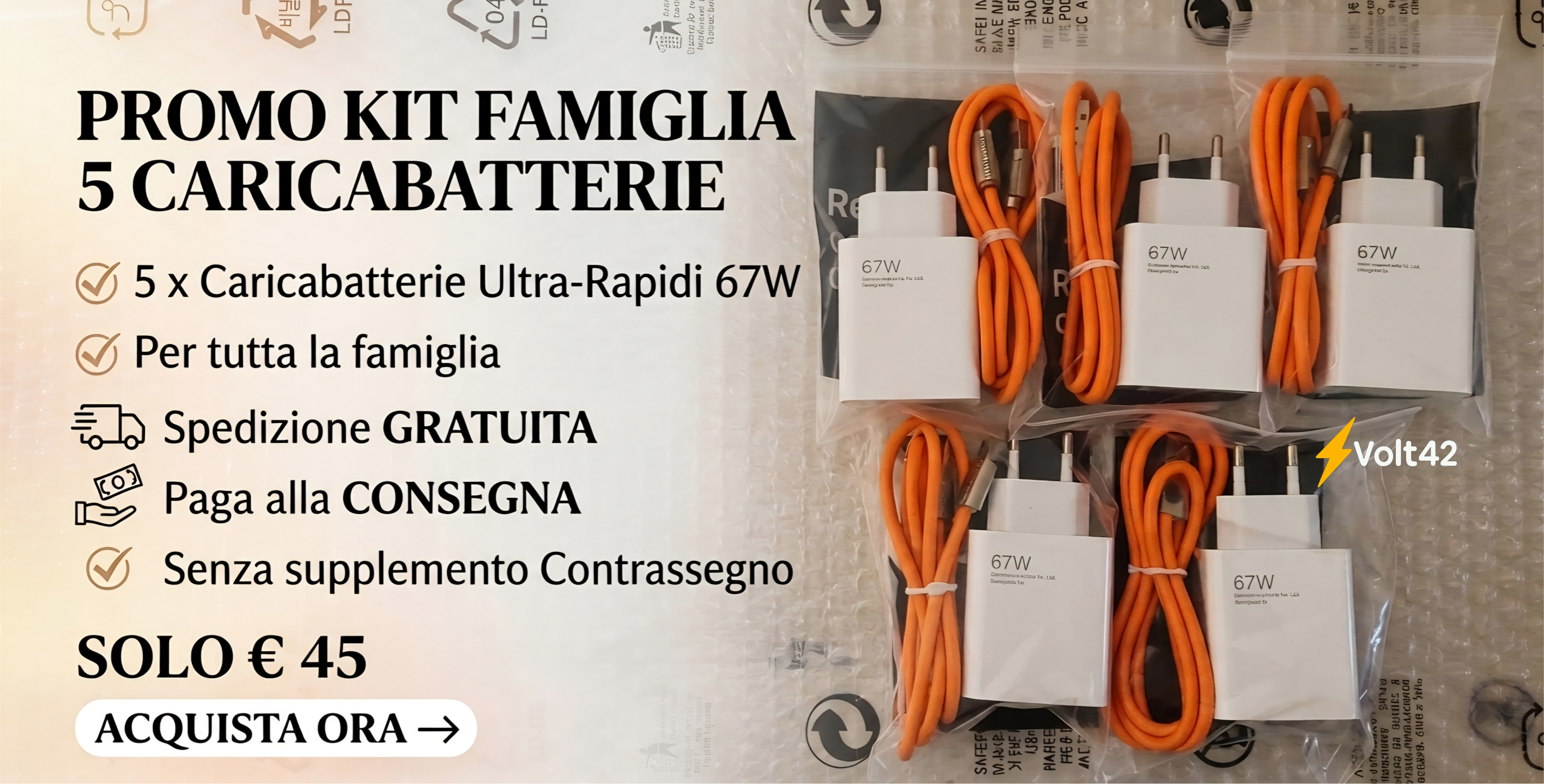 POWER-KIT FAMIGLIA 5X CARICATORI ULTRA-RAPIDI 67W + 5X CAVI RINFORZATI ARANCIONI