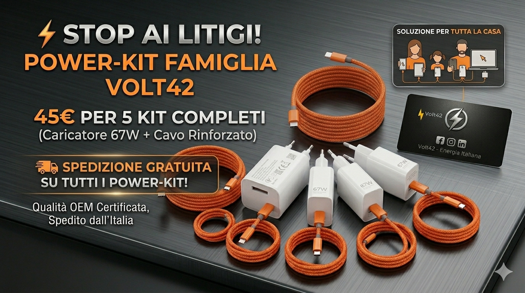 POWER-KIT FAMIGLIA 5X CARICATORI ULTRA-RAPIDI 67W + 5X CAVI RINFORZATI ARANCIONI