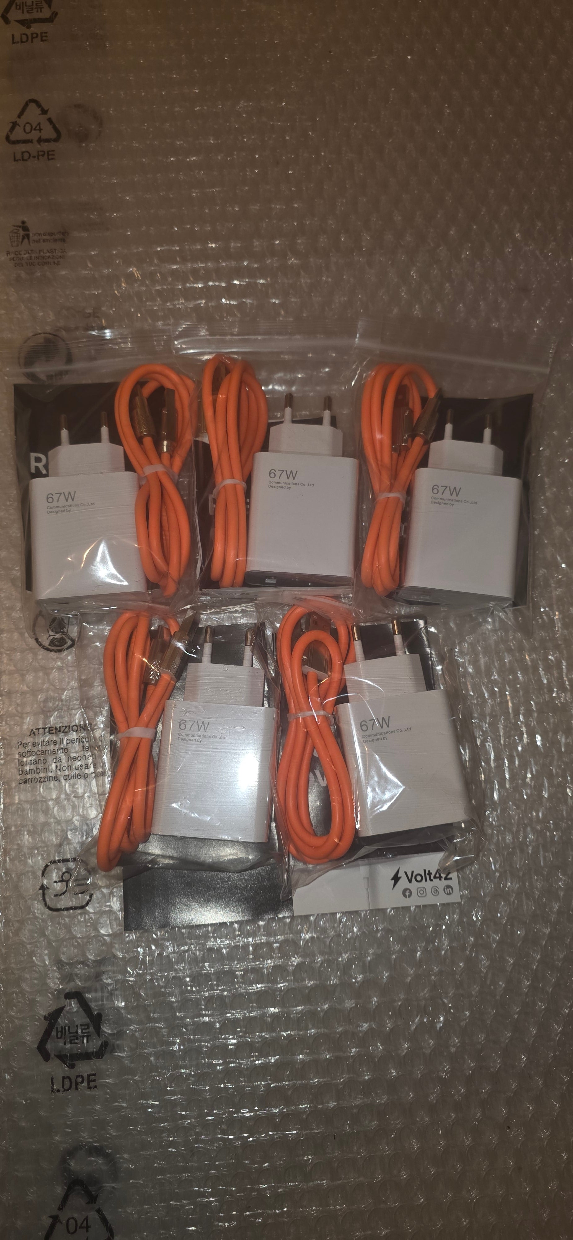 POWER-KIT FAMIGLIA 5X CARICATORI ULTRA-RAPIDI 67W + 5X CAVI RINFORZATI ARANCIONI